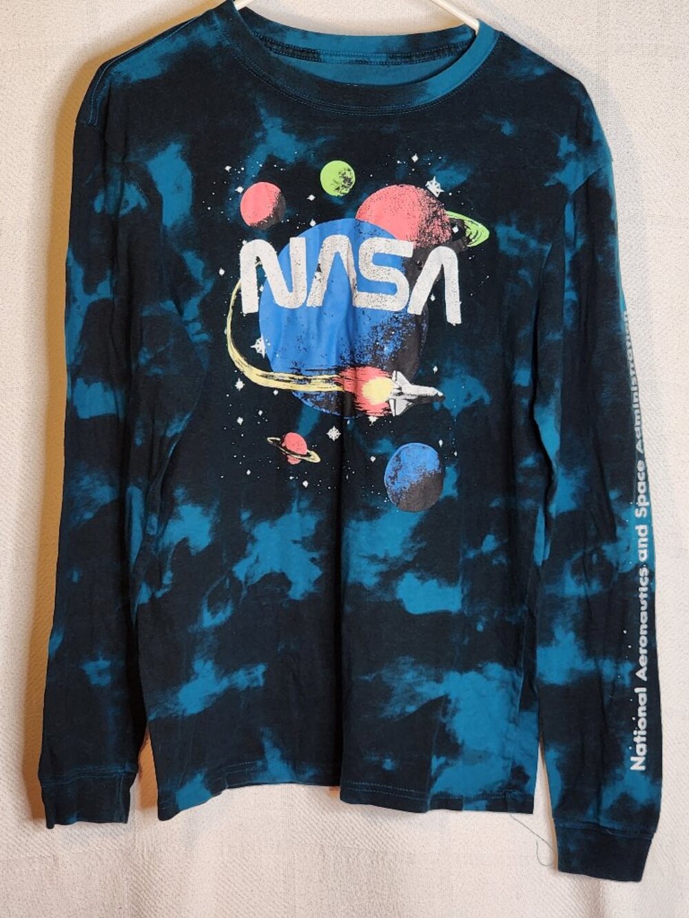 Fifth Sun Blue Tie Dye NASA Space Scene Graphic Long Sleeve Cotton Poly Tee Sz M